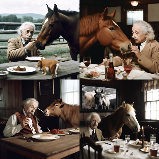 Albert Einstein eating a steak, horse in the background 