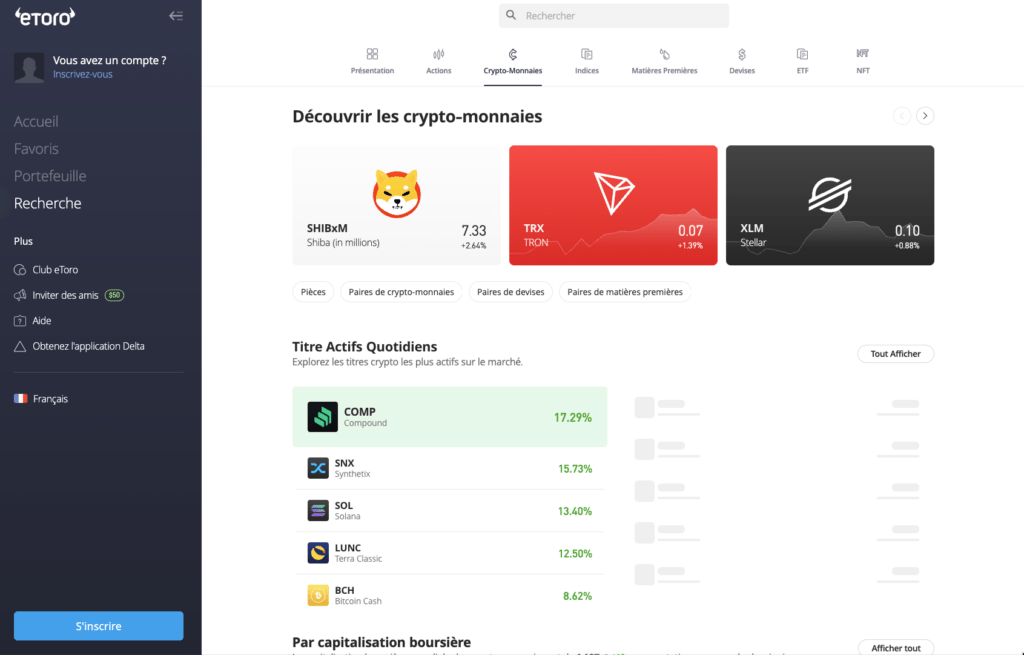 L'interface de trading web d'eToro